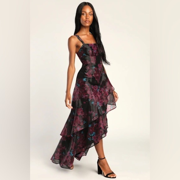 NWT Lulus Extravaganza Energy Black Floral Print Organza High-Low Dress